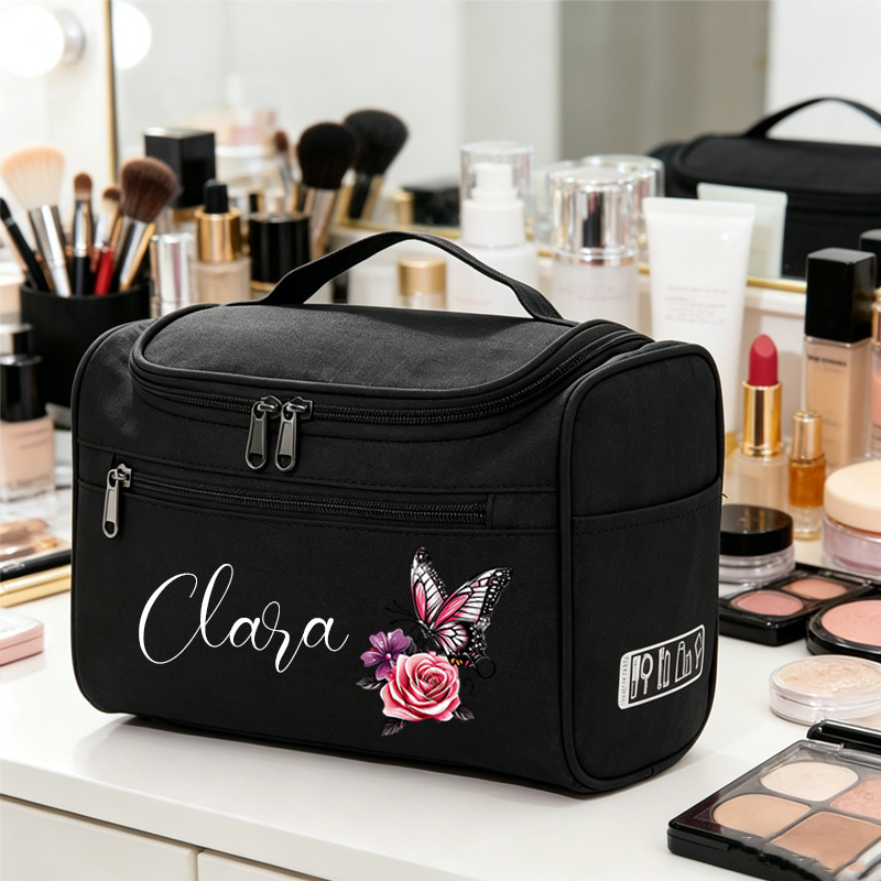 TEMU Custom Name Toiletry Bag, Large Capacity Portable Handbag, Aesthetic Rose And Artistic Heart Print, Hanging Compartment Organizer, Business