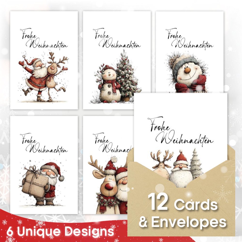 TEMU (12 Greeting Cards + 12 Envelopes) Cute Santa And Reindeer Christmas Cards With Envelopes, Funny German Edition Christmas Card Pack, Perfect For
