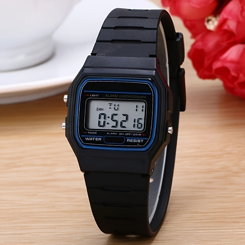 mens retro square digital watch with light blue display black silicone strap date alarm 24h timer durable   for sports casual     daily wear sleek style electronic   accessory