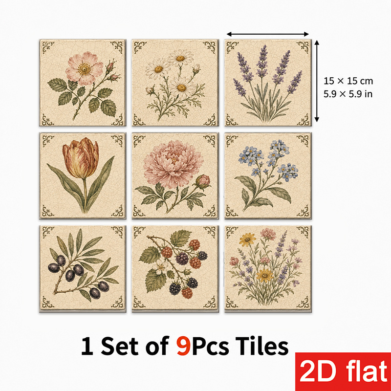 TEMU 2d Flat 9pcs 15x15cm (5.9x5.9in) Slate Tile Stickers Decorative - Peel And Stick Wall Tiles With Vintage Floral Pattern, Featuring Soft Pastel