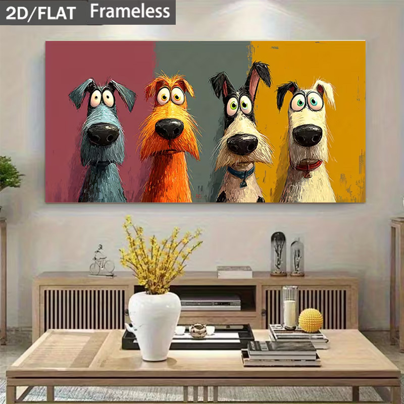 TEMU 2d Flat, 2d Flat, 1pc Unframed Canvas Art Print, Cartoon Dogs With Eyes, Humorous Wall Decor For Pet Enthusiasts, Frame Not Included