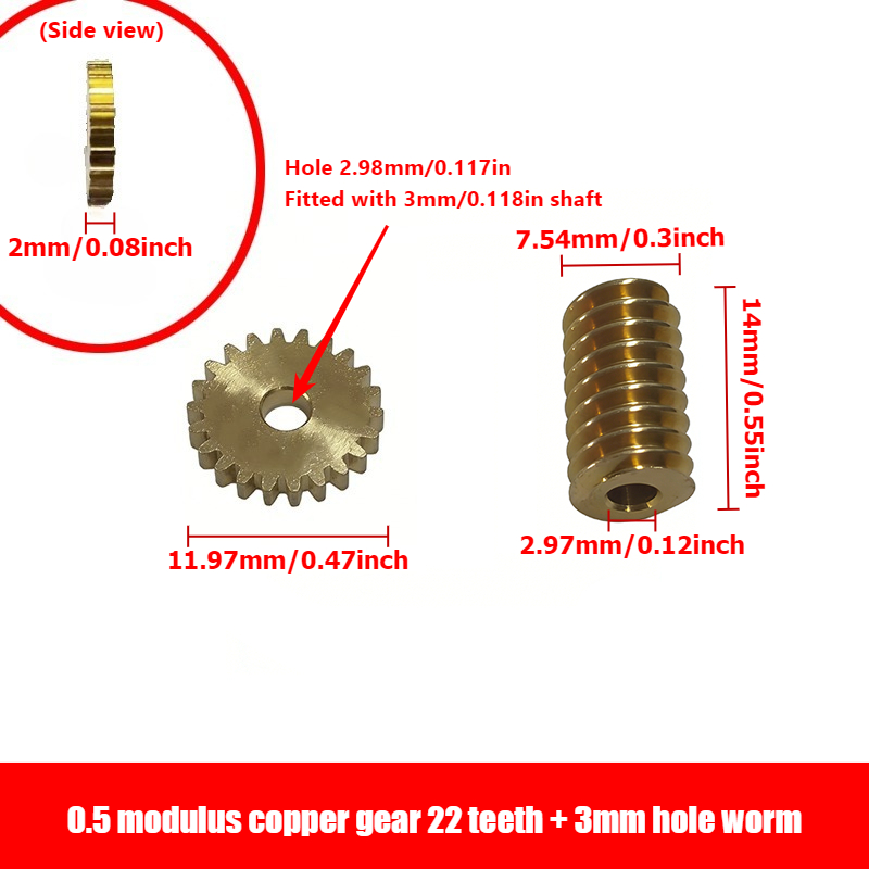 1 vnt. 0,5 modulio 3 mm skylės varinis pavaros komplektas + 1 vnt. 3 mm skylės sliekinės pavaros komplektas