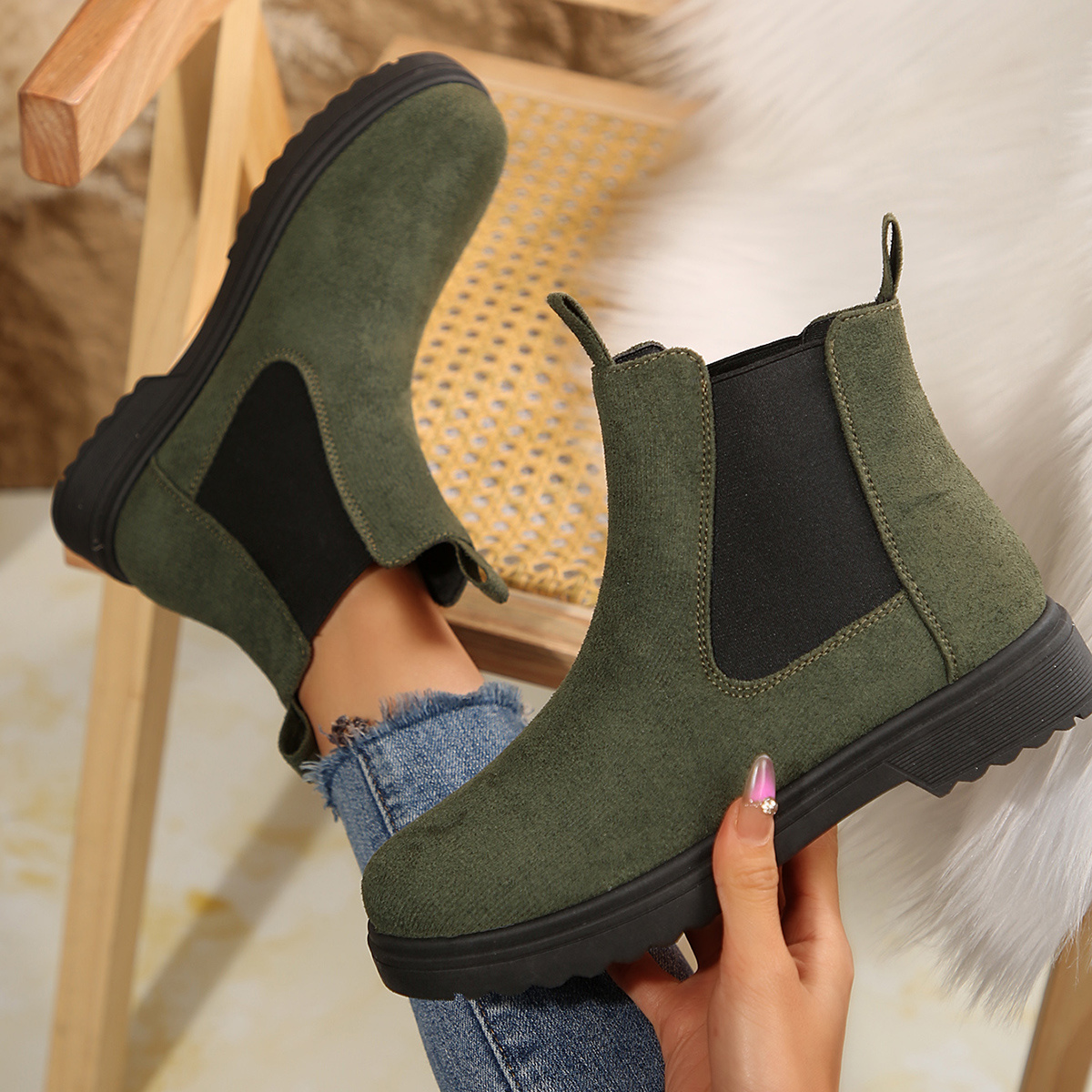 womens olive green chelsea boots stretchy lightweight flat Temu