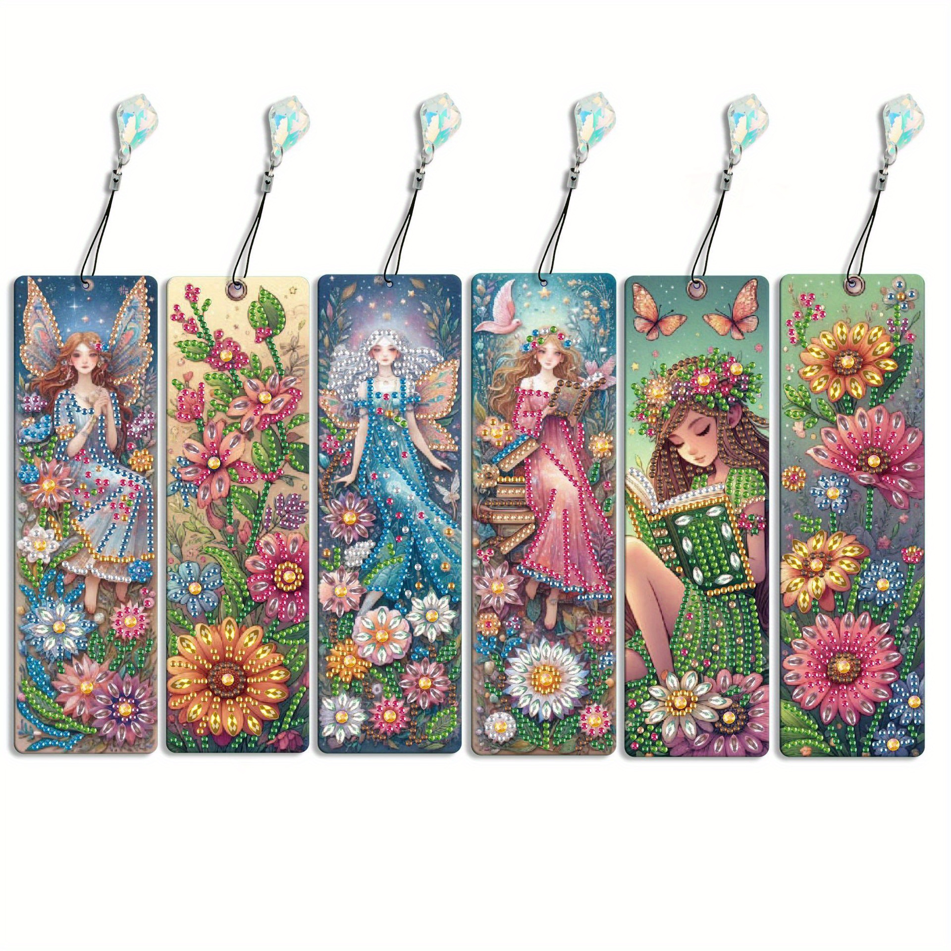 TEMU 6pcs Set, Flower Elf Tassel Pattern Painting Bookmark Set, Special-shaped And Round Sequin Hand-embellished Painting Bookmark Crafts, With A