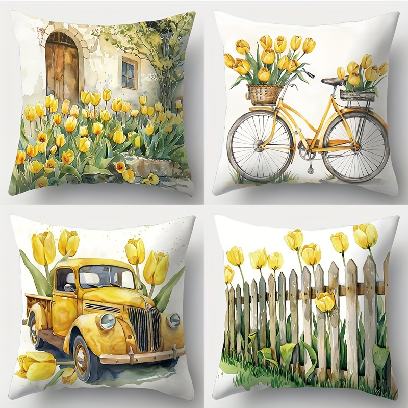 TEMU 4pcs, Yellow Tulip Bicycle And Vintage Polyester Pillowcase, Zipper Closure Cushion Cover, Machine Washable, Suitable For Living Room Sofa Bed