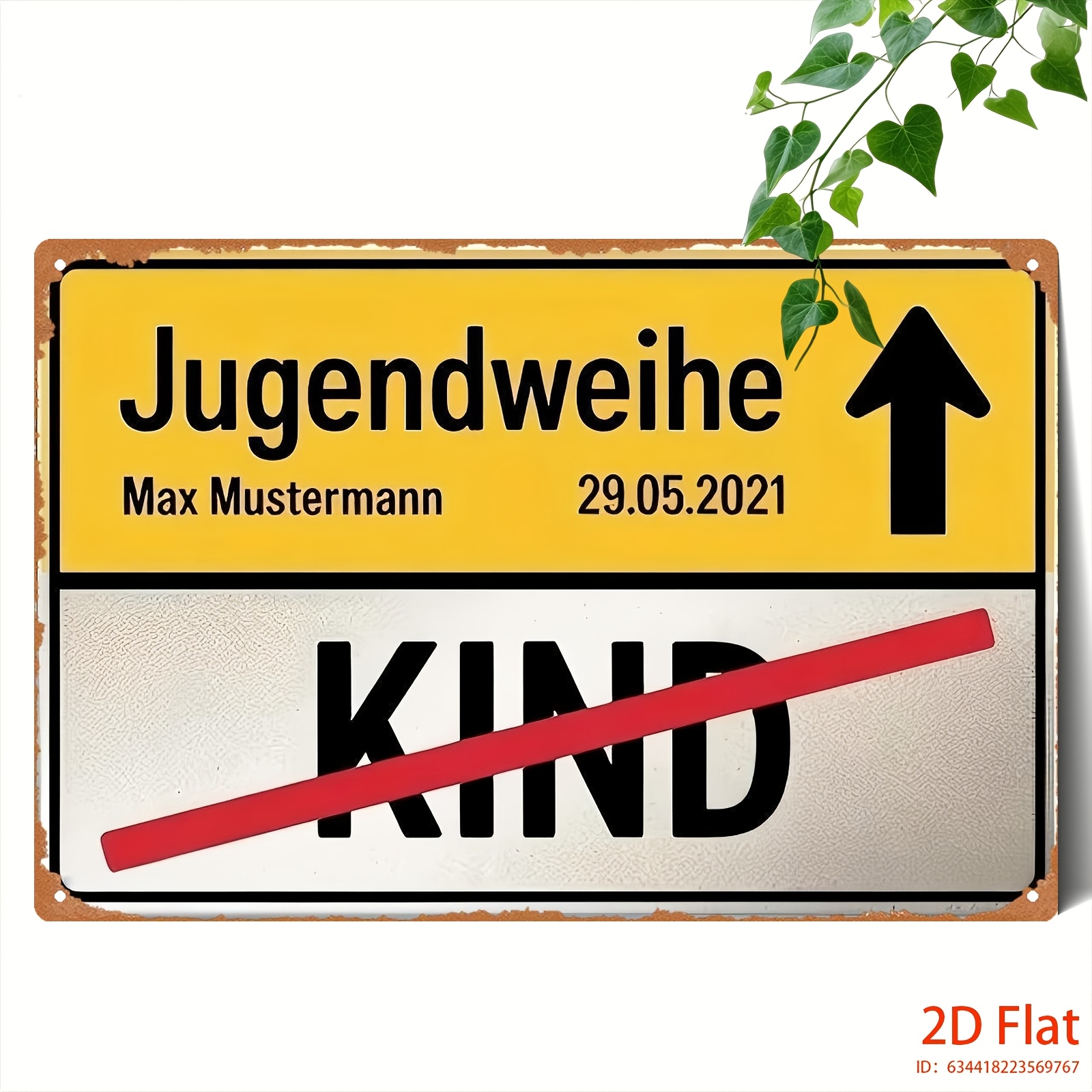 E-shop 2D Flat - Ein vintage Holz-Hängeobjekt in 2D mit einem gelben Schild, auf dem "Jugendweihe" steht, mit einem Namen und einer Datumsangabe