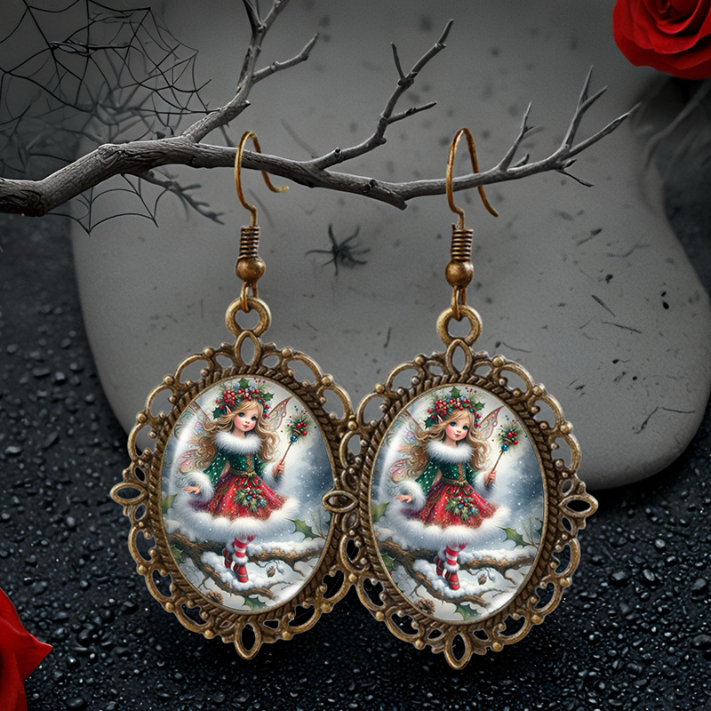 TEMU Pendientes colgantes de cristal con cabujón ovalado de vidrio con imagen de Para Caminar de de elfo navideño vintage, con forma de flor retro,