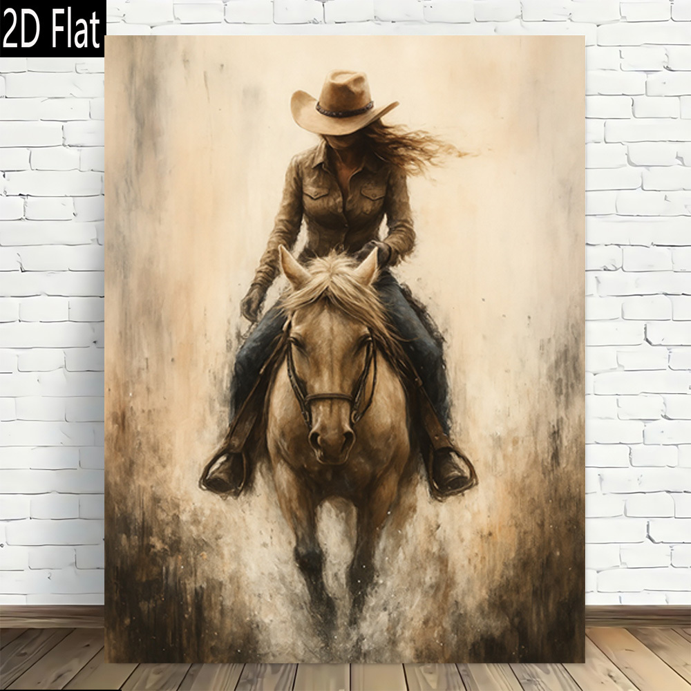 TEMU 2d Flat, 2d Flat, Paintings 2d Flat, 1pc Western Cowgirl Riding Horse Frameless Vertical Wall Art - Modern Retro Western Style Cowgirl And Horse
