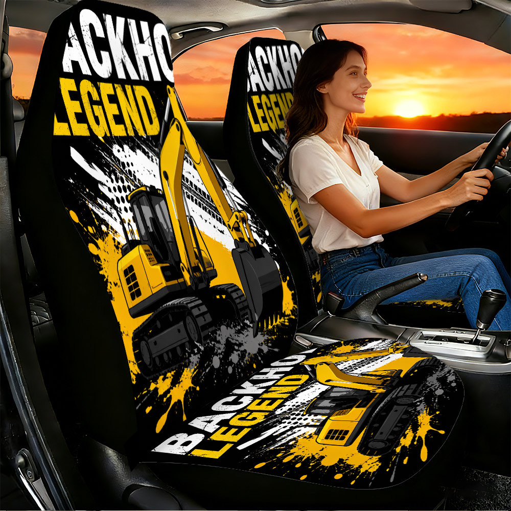Image of 2pcs Backhoe Legend Construction Vehicle Car Seat Covers, Suitable For Front Seats, High , Polyester Material, Suitable For Cars, Suvs And Trucks, Themed Additions