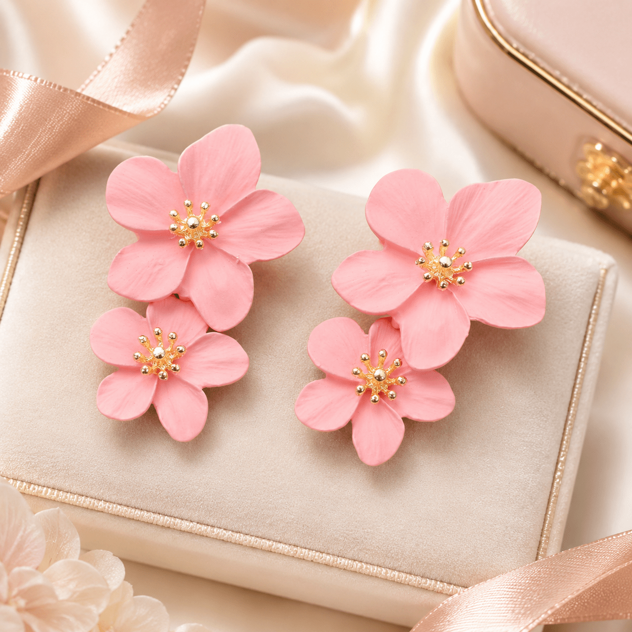 TEMU 1 Paar Dames Licht Luxe Elegante Frisse All-Match Roze Dubbele Bloem Oorbellen, Geschikt voor Dagelijkse Vakantie Feesten, Verjaardag, Vakantie,
