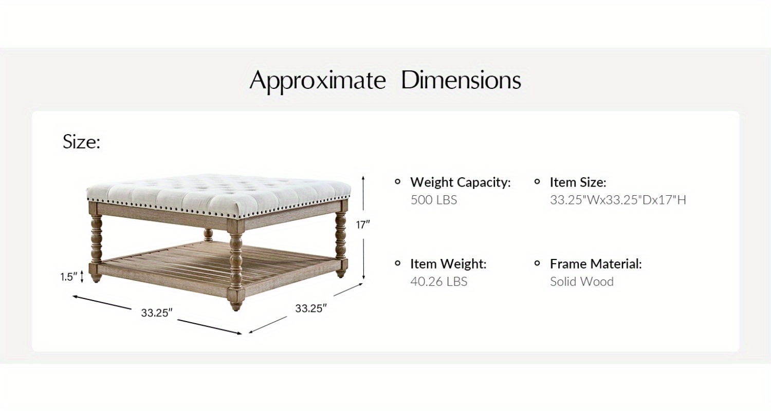 Rectangular Upholstered Coffee Table Ottoman Featuring Spindle Wooden Legs, Tufted Design, And a Solid Wood Storage Shelf for The Living Room