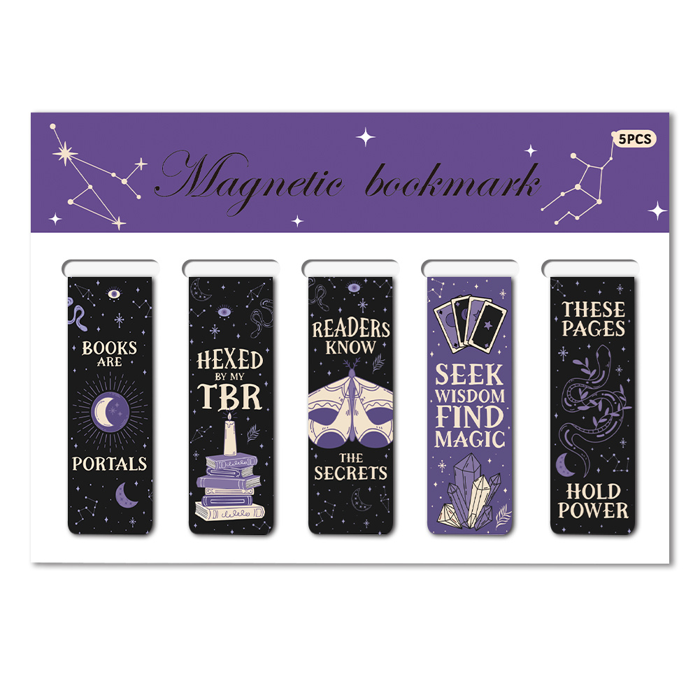 TEMU 5pcs Spooky Magnetic Bookmarks Suitable For Book Lovers, Celestial & Moth Charms With Humorous Reading Phrases, Magnetic Page Holders For Books,