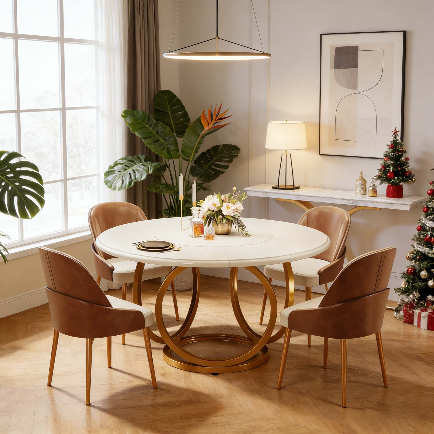 Modern Round Dining Table Measuring 47 Inches, Featuring A And A Golden Metal Base, Suitable For 4 People, Perfect For Use As A Kitchen Or Dining Room Table