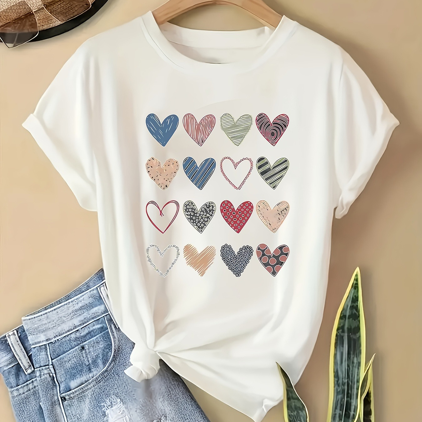 

Women's Casual Valentine's Day Fashion Tee, Polyester 95% Spandex 5% Knit Fabric, Short Sleeve Round Neck T-shirt With Creative Heart , Fit