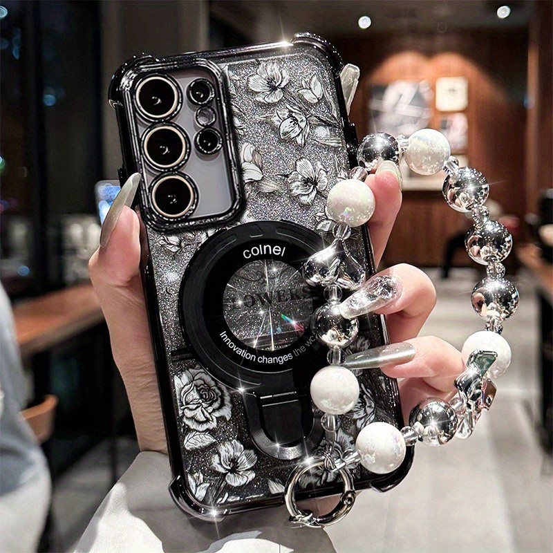 TEMU English Flower Compatible With S25 Phone Case S24 Protection Cover S23 Ultra New Magnetic Stand A55 Girls' Bracelet Galaxy A73 Floral Four-point