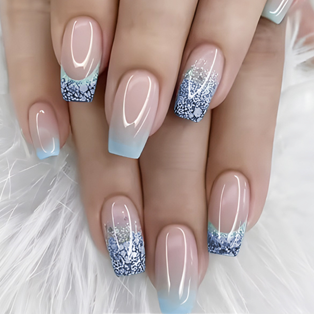 TEMU 24pcs Nude And Light Blue Press-on Nails, Medium Square Fake Nails With Gradient And Glitter French Tip, Full Cover Acrylic Nails For Women' And