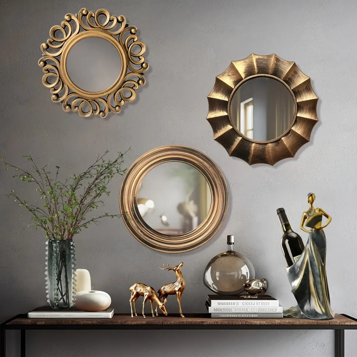 item picture set of 3 vintage style golden plastic round mirrors decorative wall mounted mirrors with an vintage look suitable for living rooms bedrooms dining areas or as christmas gifts featuring three   designs with intricate frame details