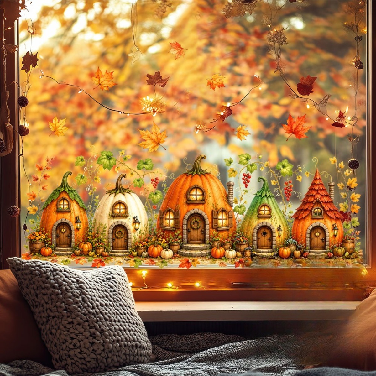 TEMU Adesivo in vetro per casa a forma di zucca per il Ringraziamento, decorazione per finestre del soggiorno, decalcomania per finestre autoadesiva