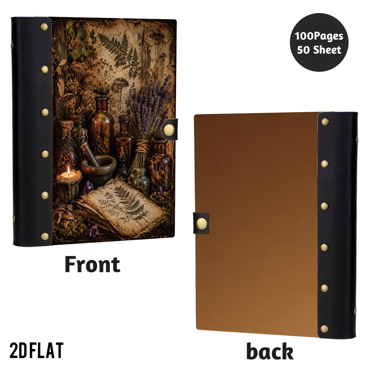 TEMU 1pc 2dflat Wooden Notebook, Hardcover Fresh Print, 100 Pages With Leather Rivet Craft Decoration, Wooden Hardcover Design, For Artists, For