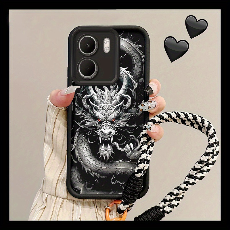 TEMU Phone Case - Phone Case Featuring A Black And White Dragon Design With Red Eyes | Strong Dragon Lanyard Case | Includes Woven Lanyard | Soft