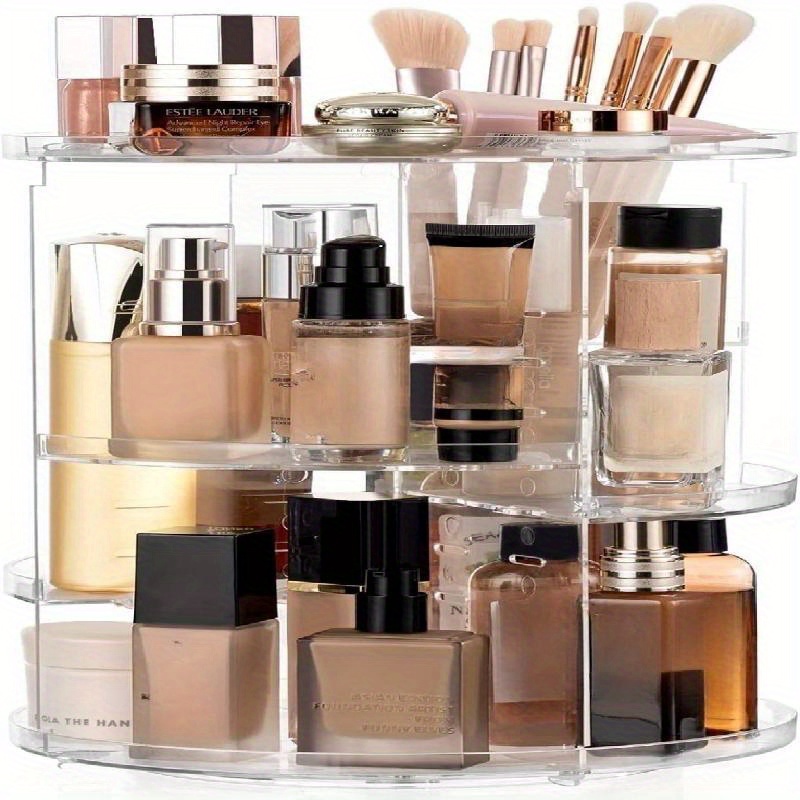 360 rotating makeup organizer transparent vanity shelf with multi tiered compartments space saving cosmetic storage for bathroom desk dressing table heavy duty plastic construction easy clean vanity tray makeup vanity desk sleek beauty holder   material sturdy construction skincare routine Product details 3