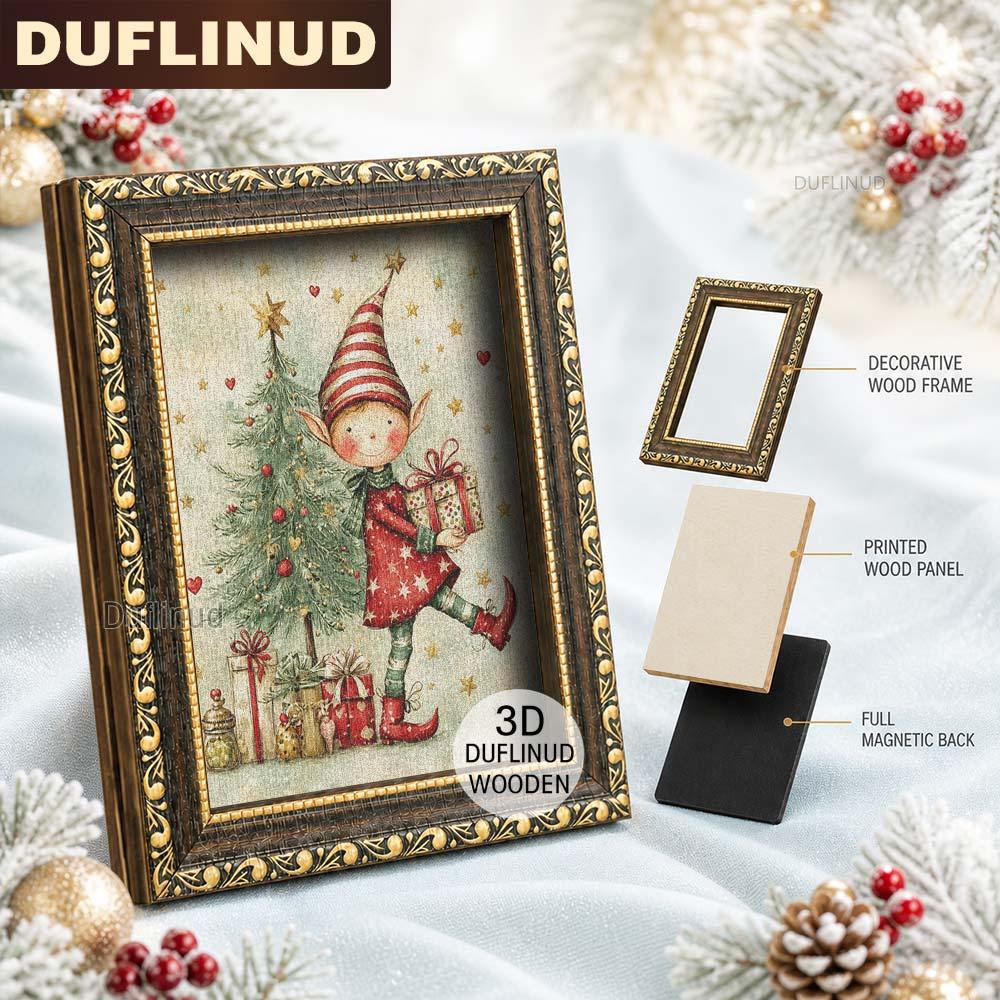 TEMU 1pc 3d Wooden Double-layer Christmas Theme Striped Pointed Hat Elf Hugging Gift Box And Christmas Tree Pattern Printed On Mini Wooden Fridge