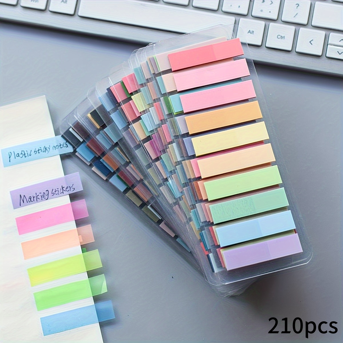 TEMU 210 pezzi di biglietti autoadesivi trasparenti in PET fluorescenti retr簷 europei, etichette con Morandi, rettangolari, 10 colori casuali misti,
