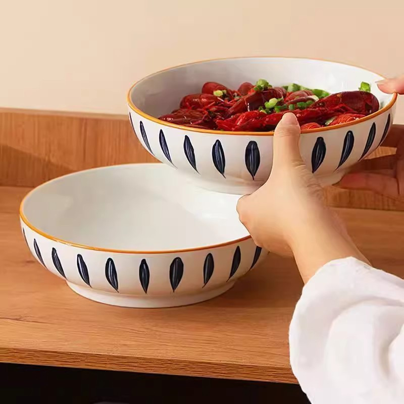 Image of 2pcs Elegant 9-inch Ceramic Serving Bowls - Elegant Decorative Soup Salad Pasta Bowls Suitable For Serving, Microwave & Dishwasher Safe Tableware For Home & Restaurant Use