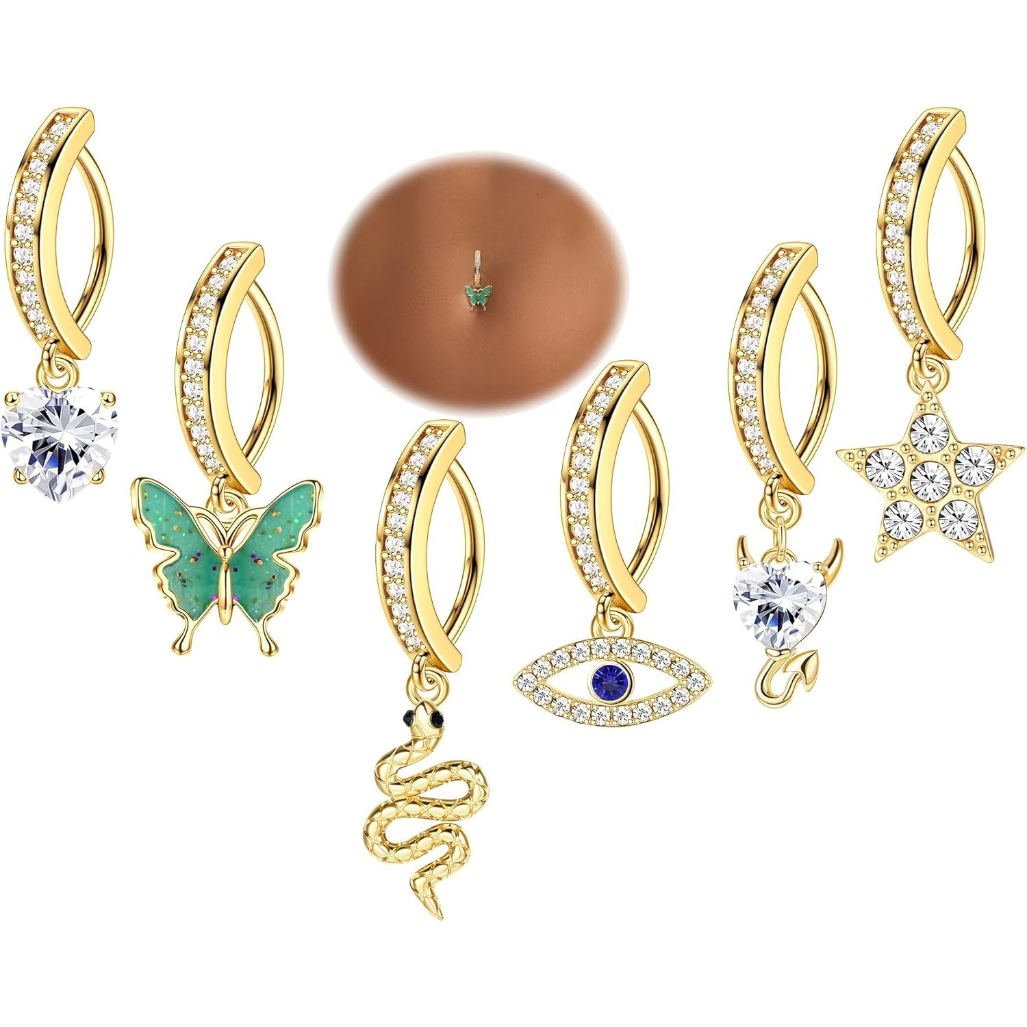 Image of 6pcs 14g Clicker Belly Button Ring For Women 316l Surgical Steel Snake Evil Eye Heart Dangle Belly Button Rings Simple Reverse Navel Rings Body Belly Piercing Jewelry