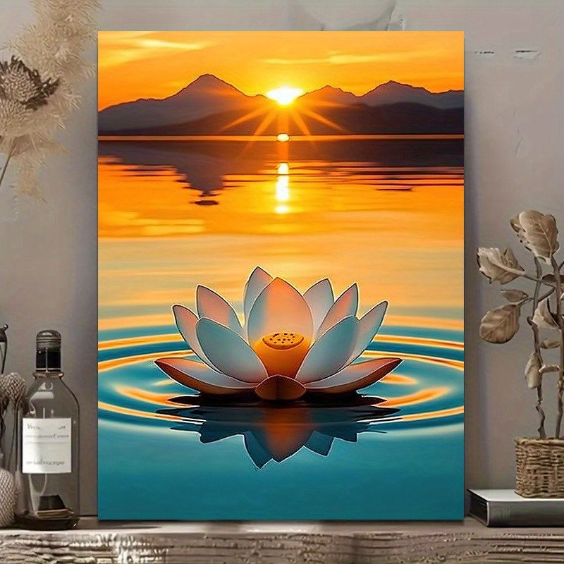 TEMU 2d Flat, 2d Flat, A Sunrise And Lotus Canvas Art In 2d/ - Vibrant Wall Decor For Living Rooms, Bedrooms, And Homes, Featuring A Design, Suitable