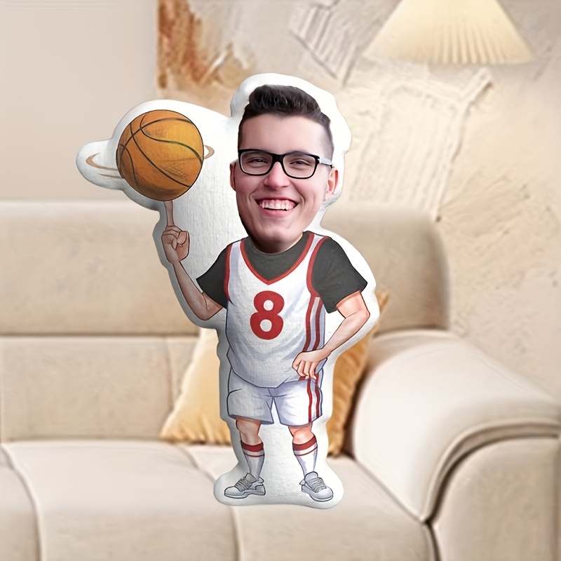 TEMU Custom Short Plush Photo Pillow- Soft Cute Personalized Face Cushion With Basketball Player Design, White& Red Jersey, Parents, Couples& -