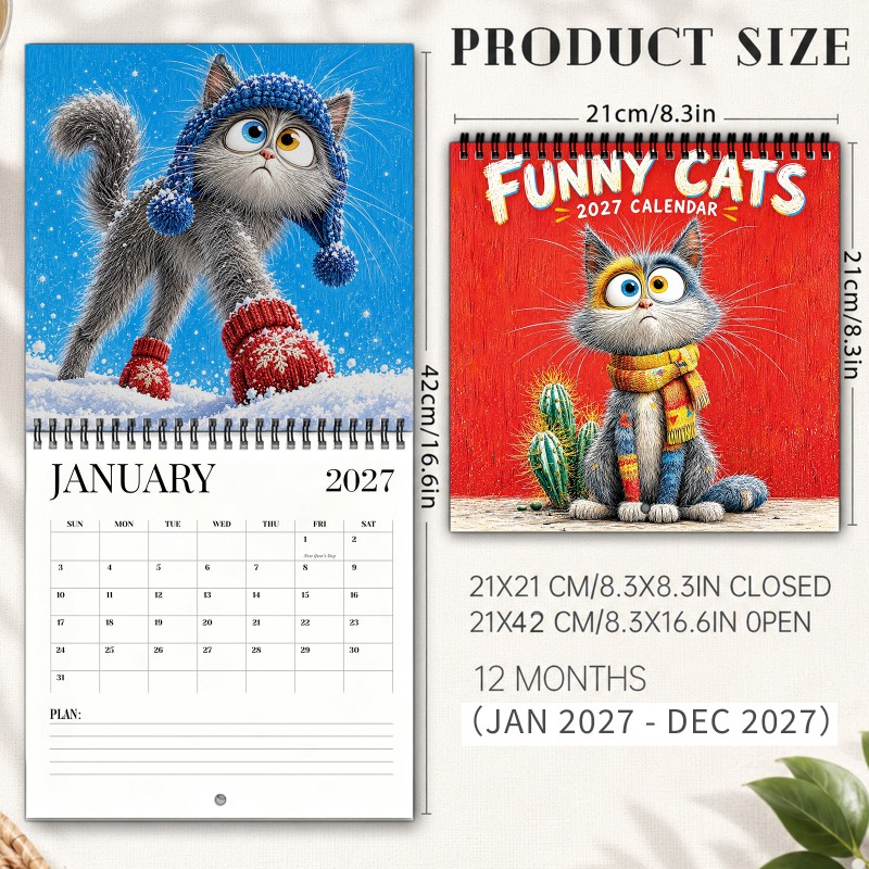 TEMU Funny Cats 2027 Wall Calendar - Spiral-bound Hanging Calendar With 12-month Thick Paper Suitable For , Thick Paper Suitable For Hanging Display,