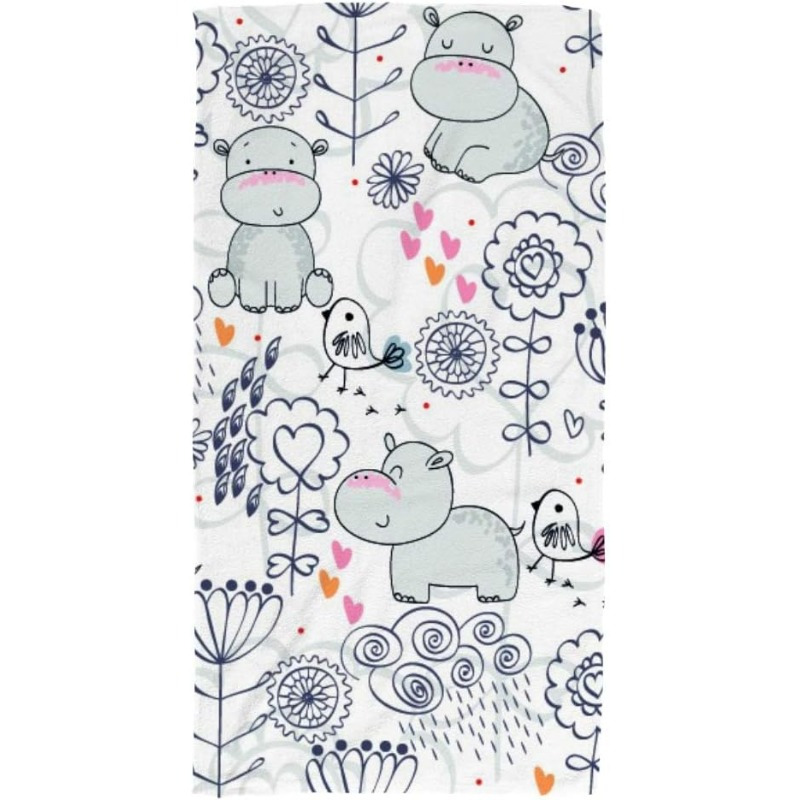 

1pc Hippo & Floral 18x26" Hand Towel - , Quick-dry Polyester, Kitchen & Face Use, Drying Cloth With Cute Animal Illustrations