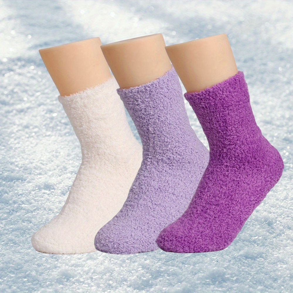 TEMU 3-pair Women's Coral Socks, Plush Fuzzy Socks For Winter, Solid Color Thickened Floor Socks For Sleeping