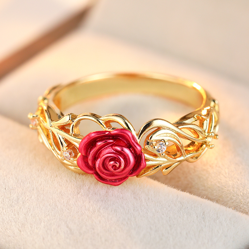 Vintage Red Enamel Rose Ring with CZ Grape Vine Design