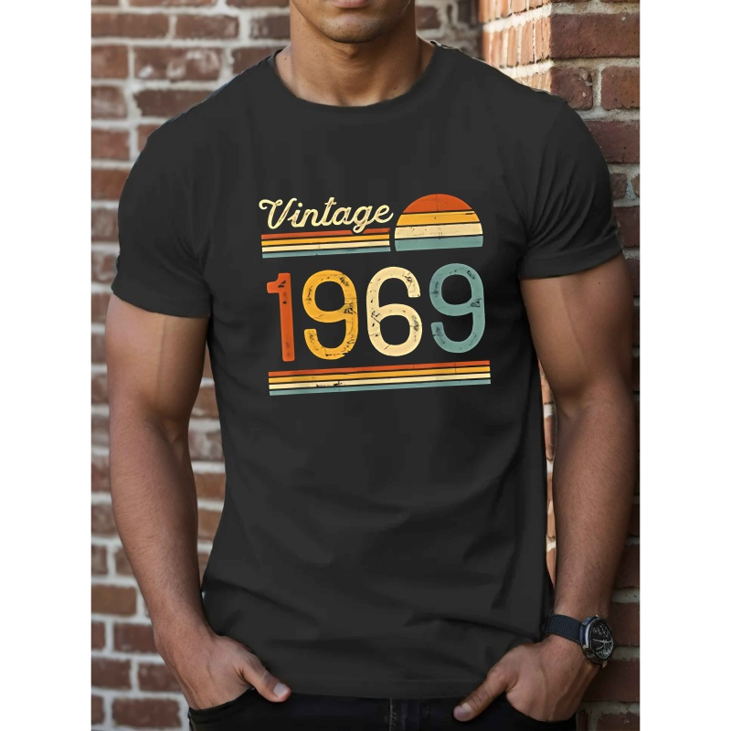 

Vintage 1969 Men's T-shirt - Casual Short Sleeve, Polyester, Geometric Print, Round Neck - Machine Washable Summer Top, Style, Conventional Version, Summer