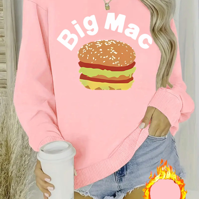 

1pc Sweat-shirt décontracté à col rond à manches longues pour femmes avec imprimé hamburger "Big Mac", % tissu tricoté en polyester, pull à tendance pour toutes les