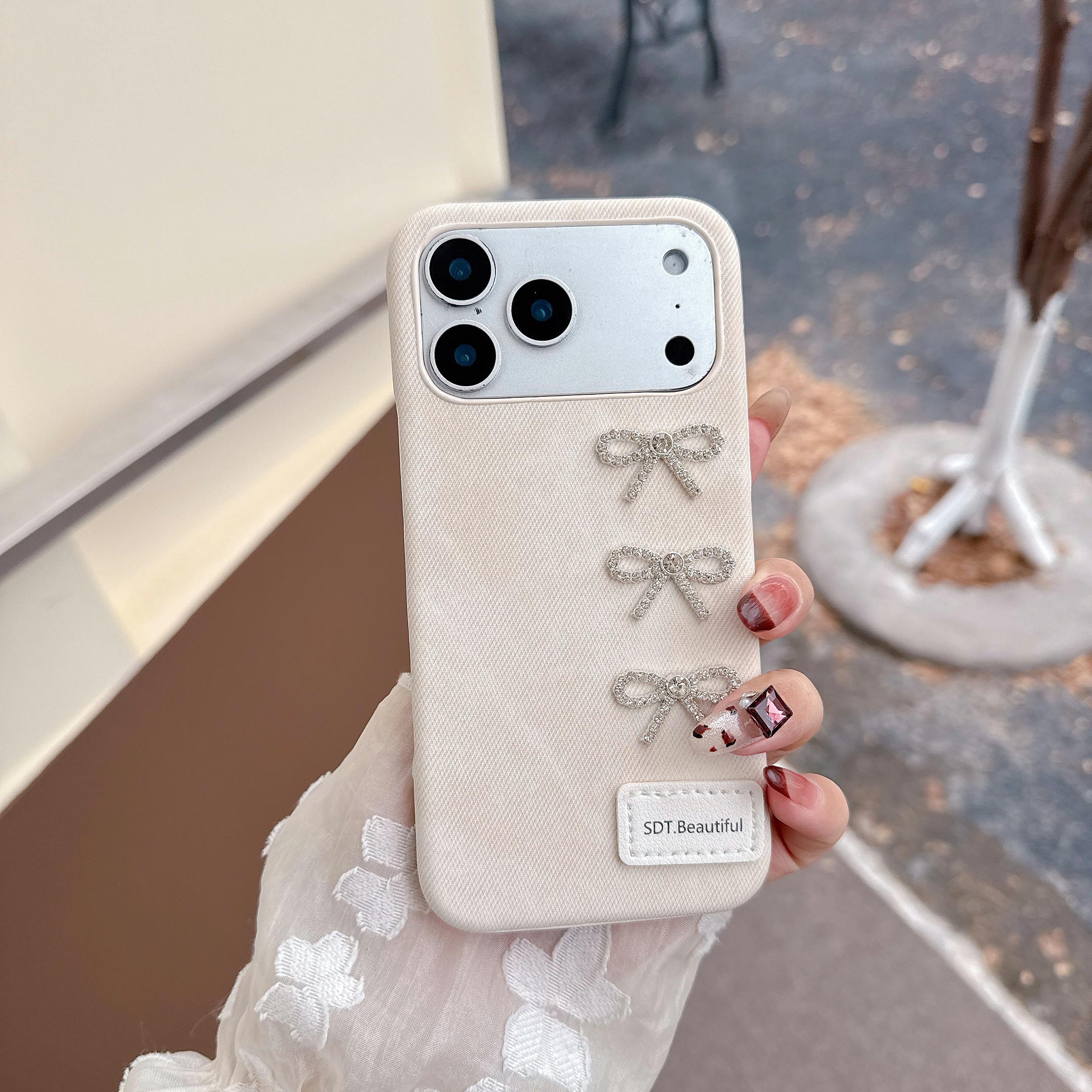 TEMU Phone Case - Fall Winter Retro Denim Texture Rhinestone Bow Phone Case Suitable For Iphone 17/16/15/14/13/12/11 Pro 17air