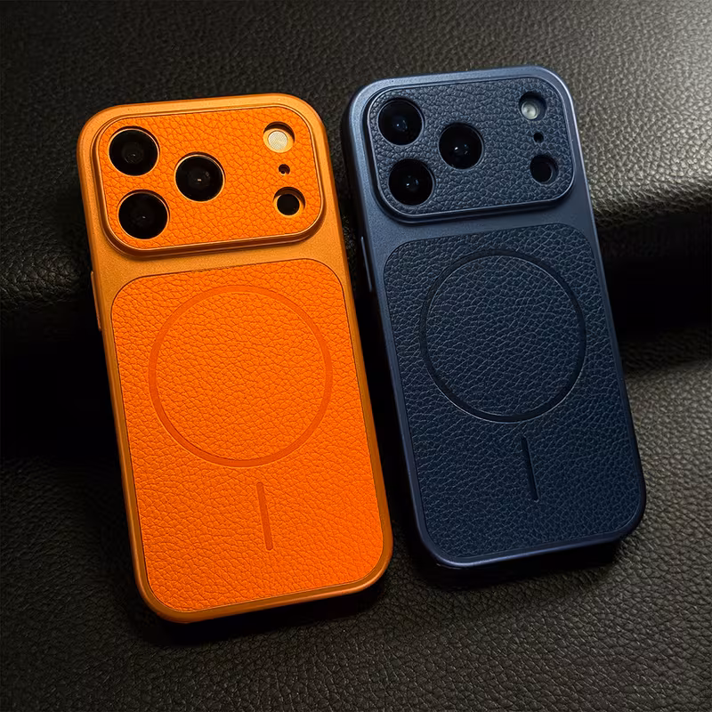 phone luxury instantly upgrade to 17 series orange artificial leather feel texture wireless charging phone case compatible with for iphone 17 16 15 14 13 pro air 17 magnetic shockproof soft border cover Product details 2