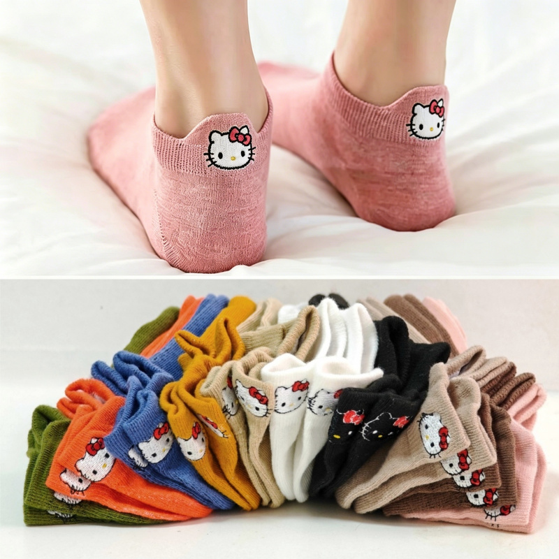 Image of 10-pair Cute Hello Kitty Embroidered Ankle Socks, Socks, Breathable And Comfortable Women's Cartoon Cat Cute Low-cut Socks, Daily Invisible Socks, Gift Set Socks