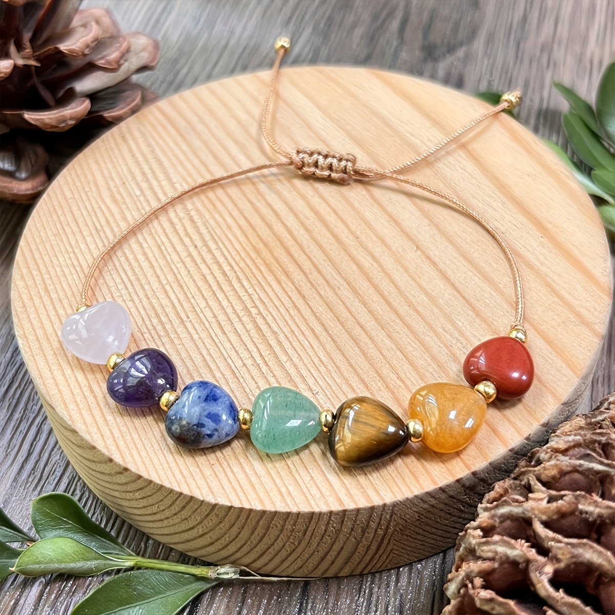 TEMU 1 braccialetto boh矇mien intrecciato con design a cuore a 7 chakra, , occhio di tigre, verde, per chakra , per la mindfulness, regali per San, .