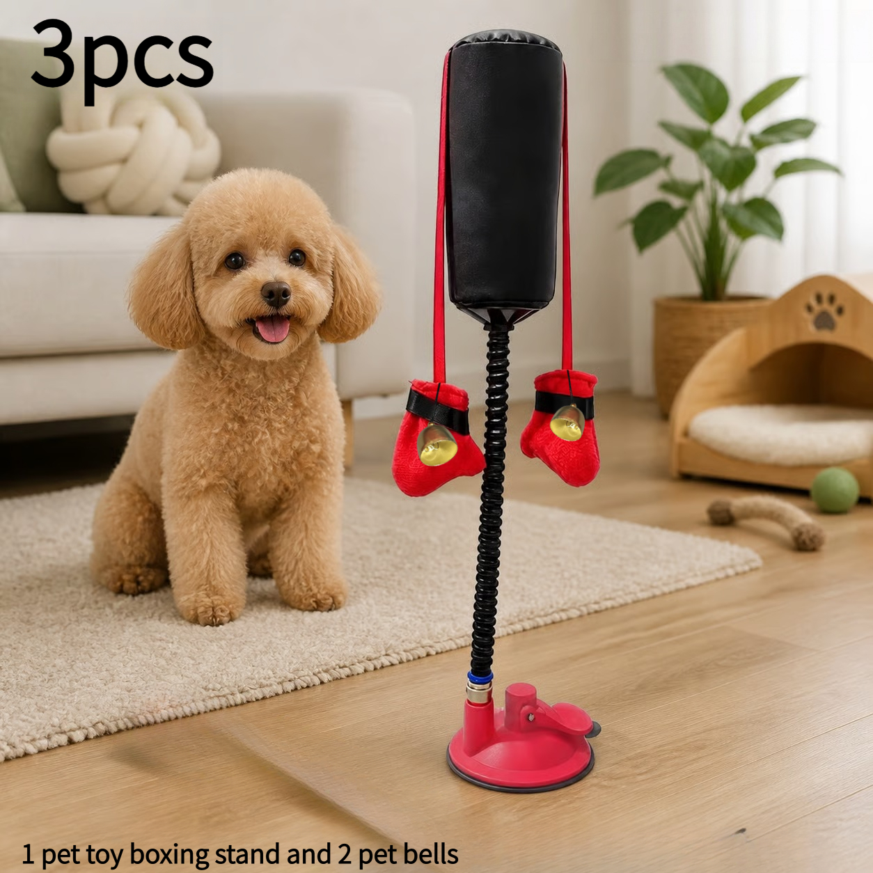 TEMU 3pcs Pet Boxing Suction Cup Toys And Sounding Bells, Hit To Make Jingle Jingle Sound, Adjustable Soft Rod Cat Interactive Punching Bag, No