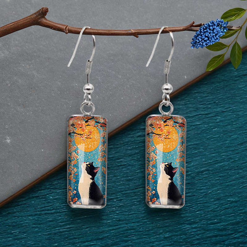 TEMU 1 Pair Handmade-inspired Black & White Cat & Cherry Glass Dangle Earrings - Rectangular Hoops With Clear -like Beads,