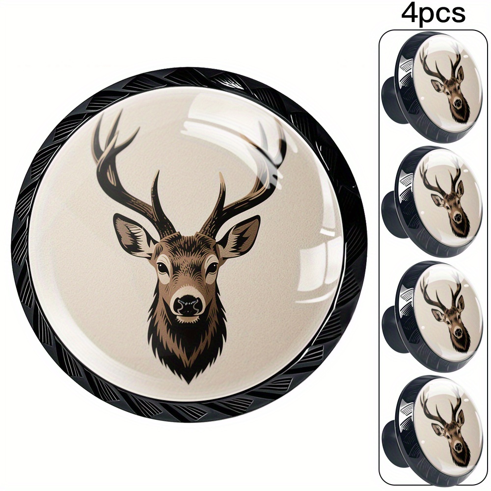 Image of Set Of 4 Round Cabinet Knobs Featuring An Abs Base And Crystal Glass, Ideal For Furniture And Wardrobe Drawers. Stylish Deer . Vintage-style Hardware In Black, White, And Silver