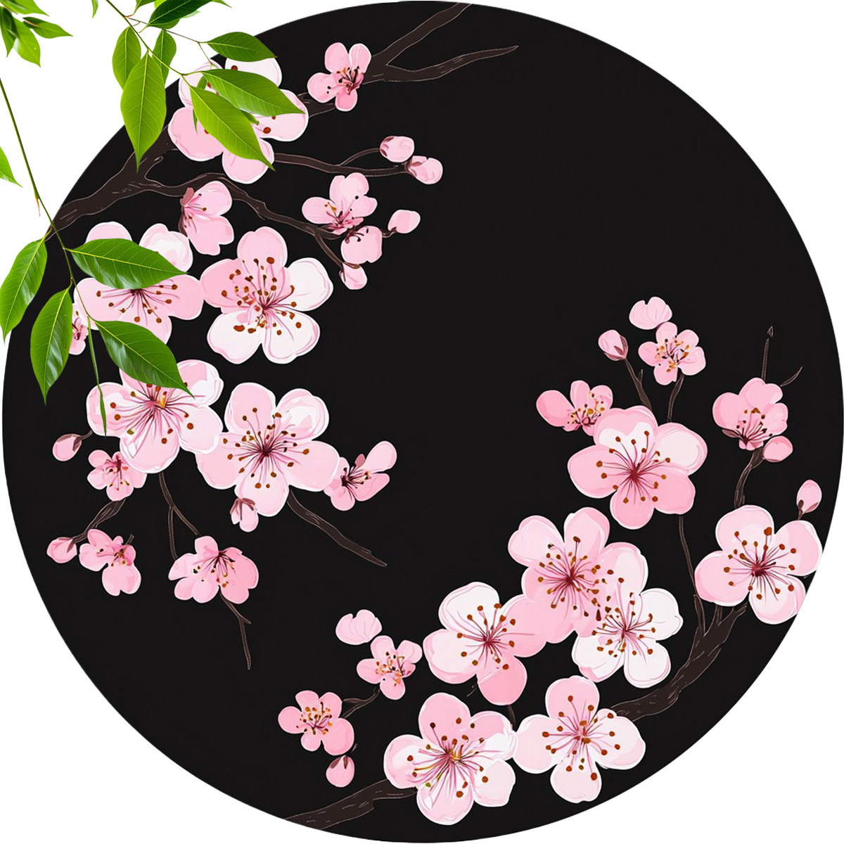 TEMU 4pcs Cherry Wood Coaster Set - Hand Washable, Black Background Pink Floral Pattern Round Coasters For Home, Office, Kitchen, Tabletop, Bar -