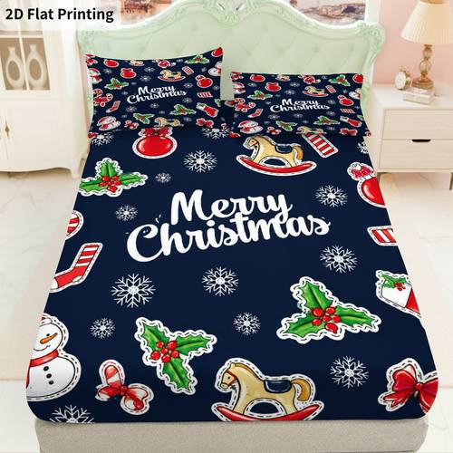 item picture 2d flat printing 3pcs merry christmas winter decor fitted sheet three piece set 1 x fitted sheet 2 x pillowcases snowman holly candy cane bedding mattress protector soft breathable