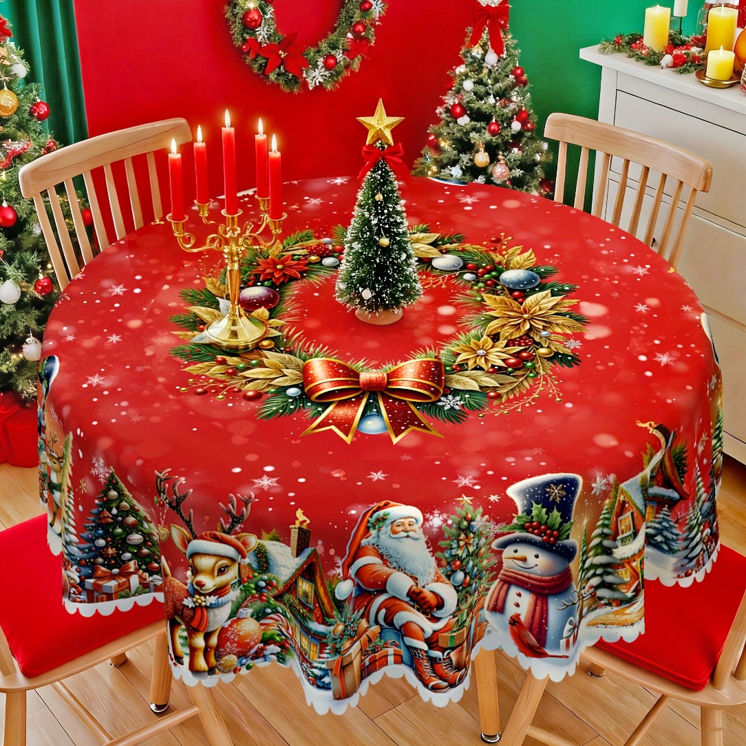 TEMU 1pc Tablecloth Christmas And New Year Tablecloth, Santa Claus, Snowman And Christmas Tree Pattern Tablecloth - Durable Polyester Tablecloth,