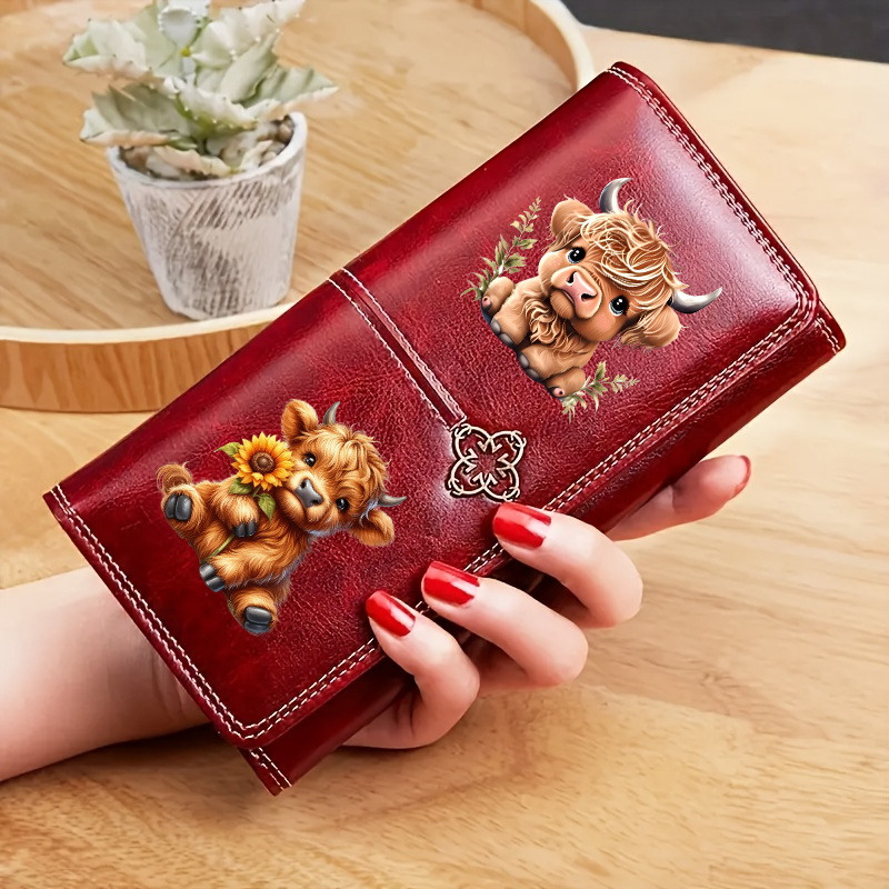 TEMU Highland Cow Wallet For Women, Vintage Trifold Clutch Purse, Cute Cow Print Long Wallet With Card Slots, Sunflower Cow Design Wallet, Gift For