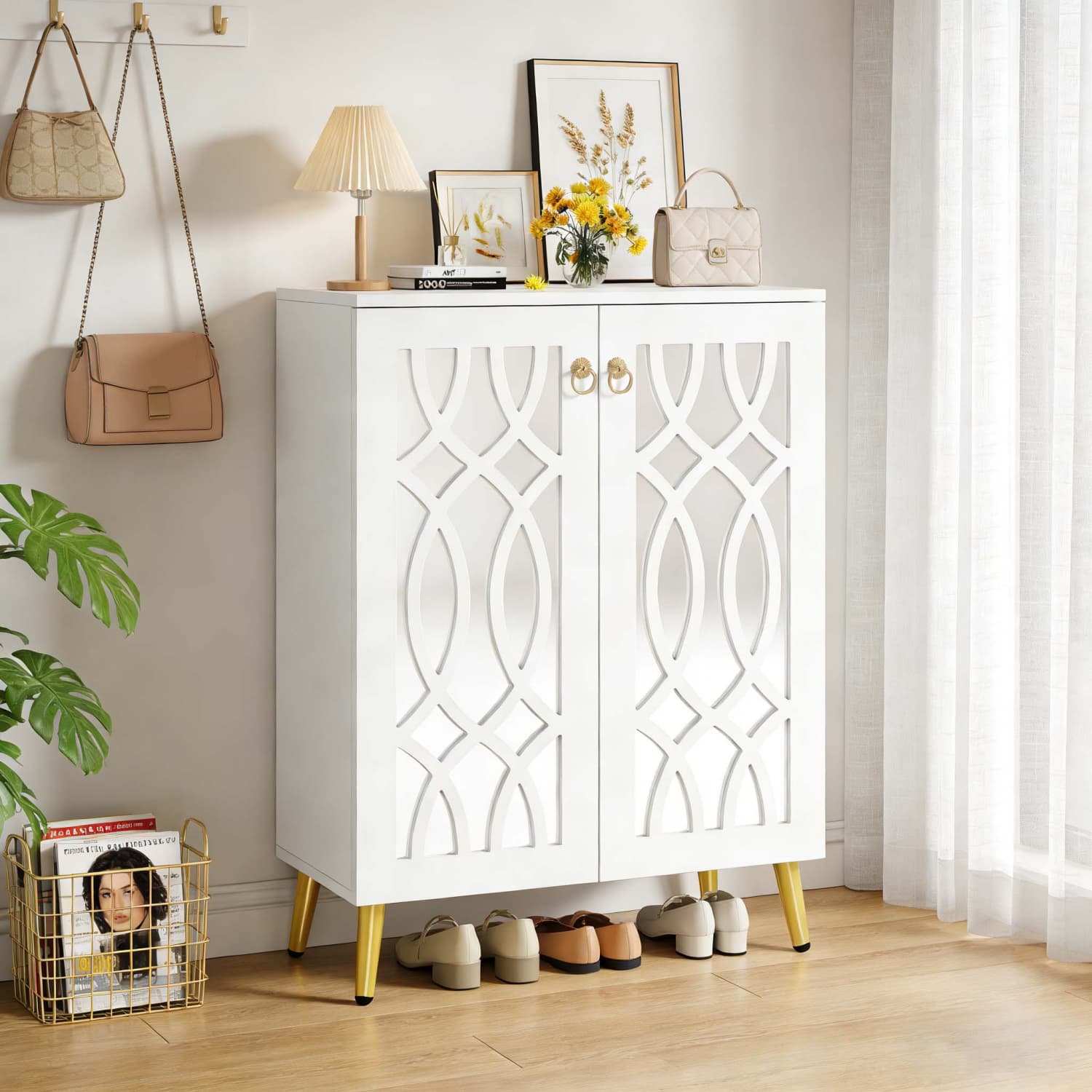 Image of Mirrored Shoe Cabinet, 5-tier Wooden Storage Organizer With Doors, Large Freestanding Cupboard Holds 25 Pairs, Modern Entryway And Bedroom Furniture, White