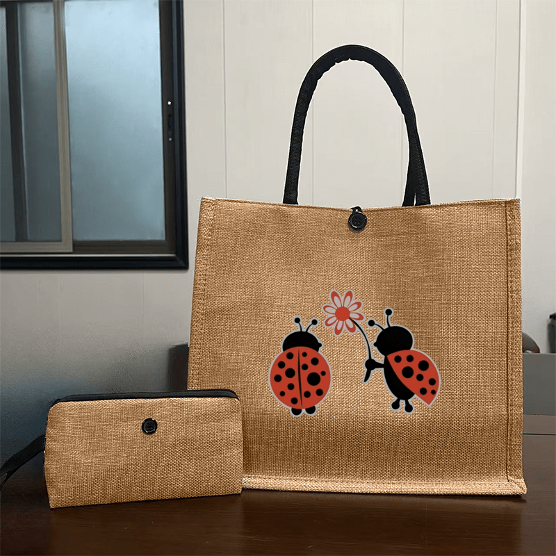 

Hemp Tote Bag With Ladybug Print And Clutch, , Large Capacity, Closure, Hand Washable, Ideal For Shopping, School, Work, Beach, - Perfect Mother's Day & Valentine's Gift